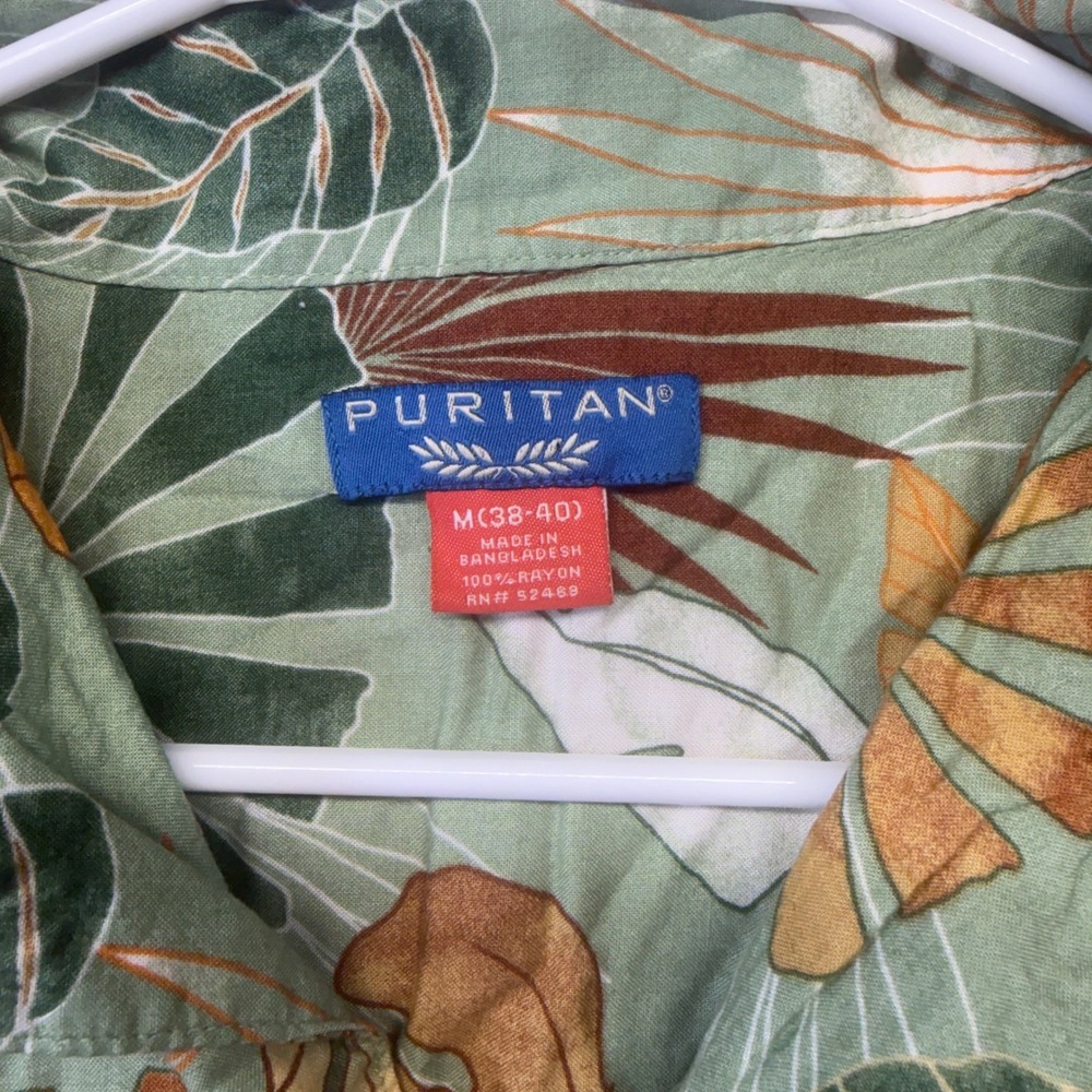 Puritan VTG Y2K Hawaiian Shirt Mens MD Green Tropical Coastal Boho Short Sleeve - Picture 9 of 10